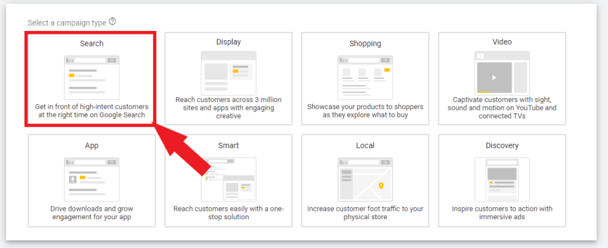 Choose 'Search' as campaign type