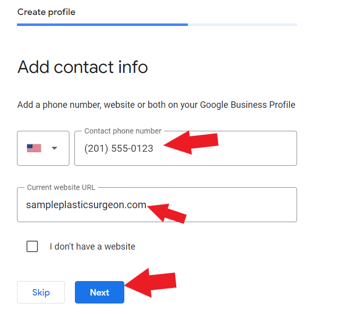 Contact info and website
