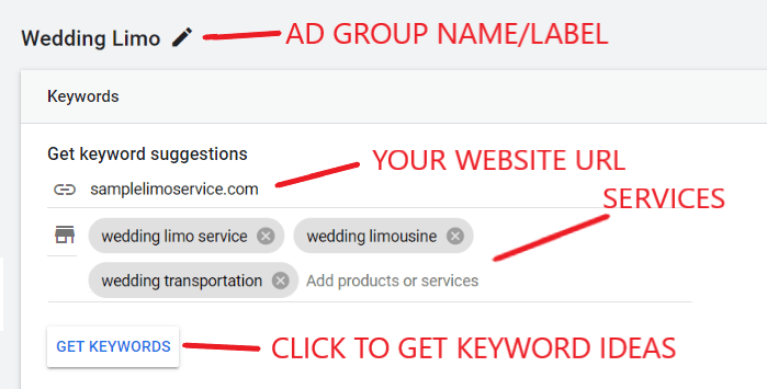 Create your first ad group for Google Ads for limo services