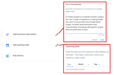 Business description, opening data for Google My Business
