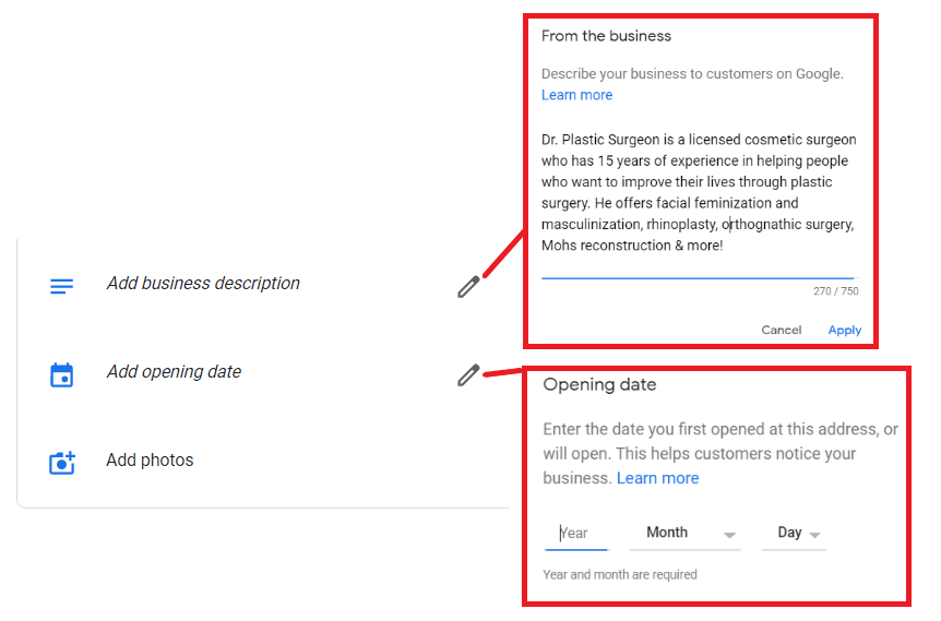 Business description, opening data for Google My Business