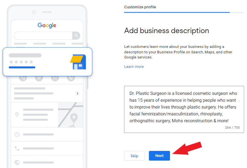 Business profile description for sample plastic surgeon