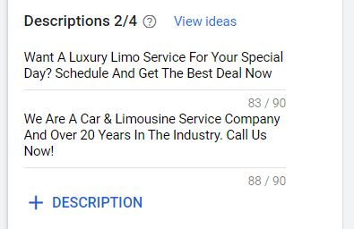 Sample descriptions for Google Ads for limo services