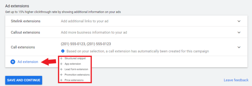 Ad extension options for Google Ads