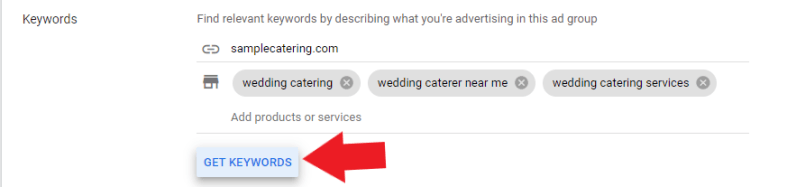 Get keywords for wedding catering ad group