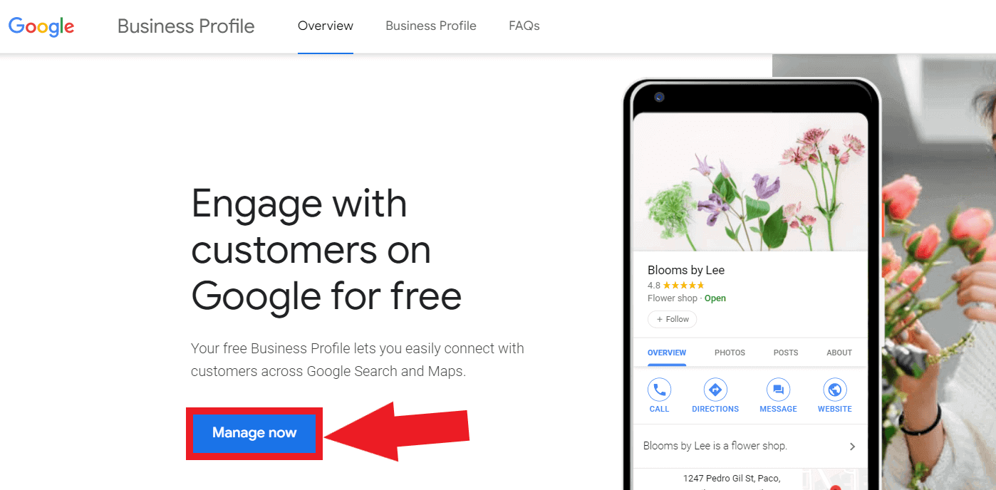 Click 'Manage Now' to create a Google My Business account