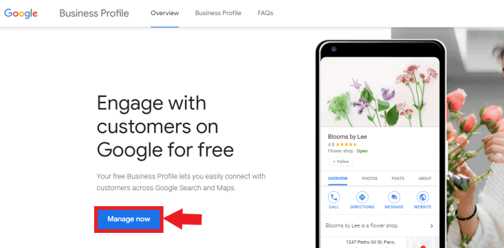 Click 'manage now' on Google My Business Home Page