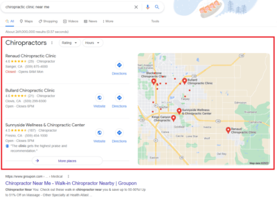 Google map pack result for chiropractic clinic