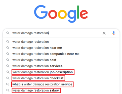 Google autocomplete suggestions that has no intent of hiring a water restoration service.