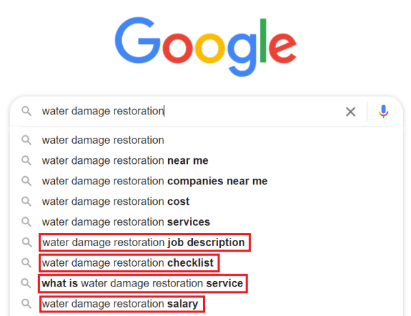 Google autocomplete suggestions that has no intent of hiring a water restoration service.