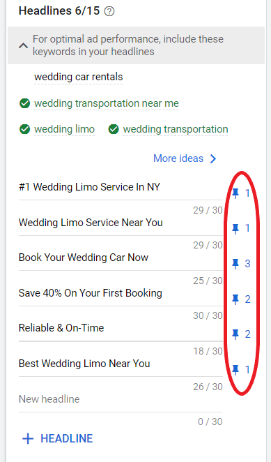 Sample headlines for Google Ads for limo services