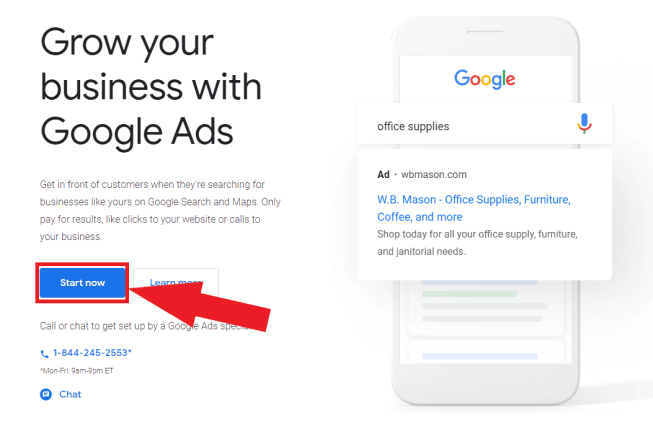 Google Ads sign-up page