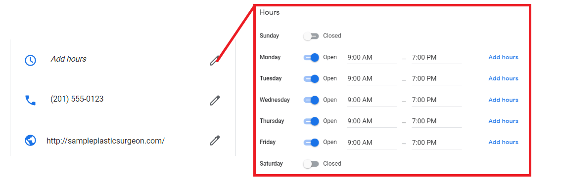 Hours, contact number, and website info for sample GMB for plastic surgeons