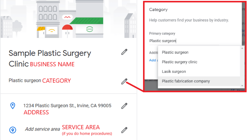 Name, category, address sample for GMB plastic surgeons