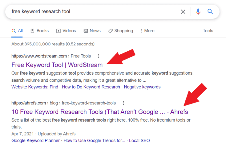Google search result for 'free keyword research tool'