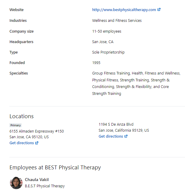 More details about a physical therapist company page on LinkedIn