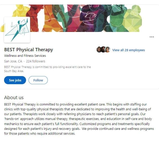 "About Us" section of a Physical Therapist company page on LinkedIn