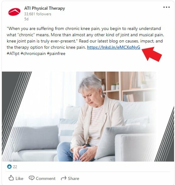 Post on LinkedIn showcasing a physical therapist's online blog post