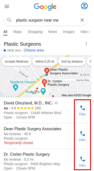 Mobile view of plastic surgeon business profile on Google map pack