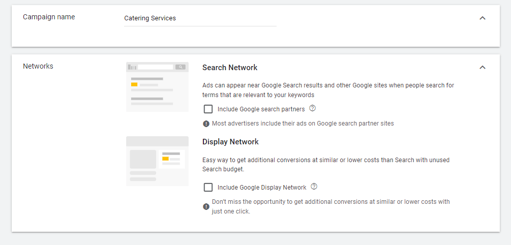 Input campaign name and uncheck network options