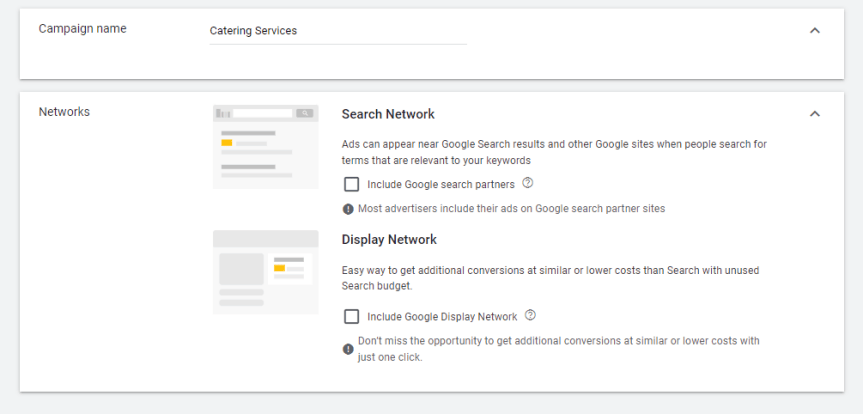 Input campaign name and uncheck network options