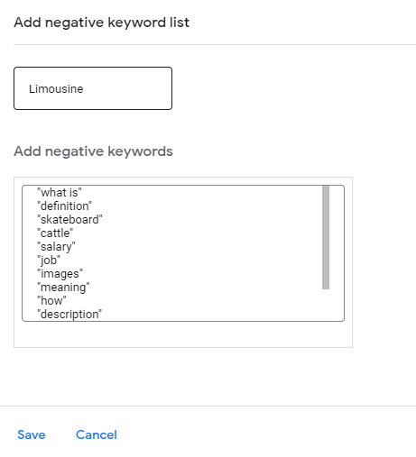 Negative keyword list sample