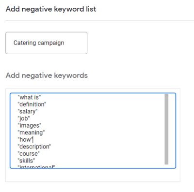 Negative keyword list