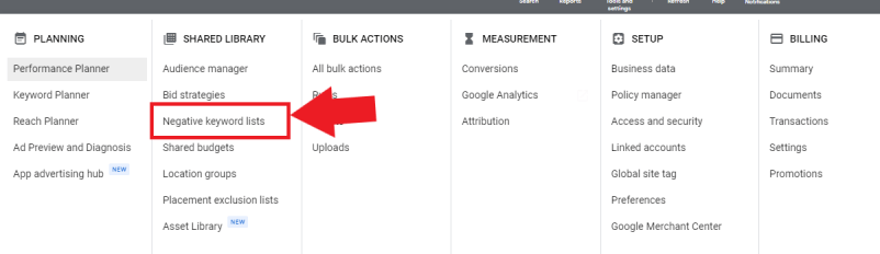 Negative keyword list menu