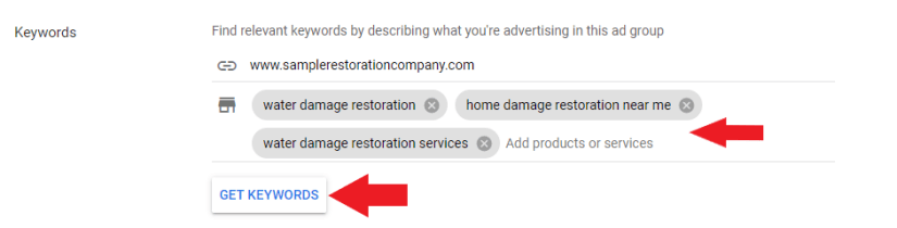 Get keyword suggestions for your restoration services ad group.