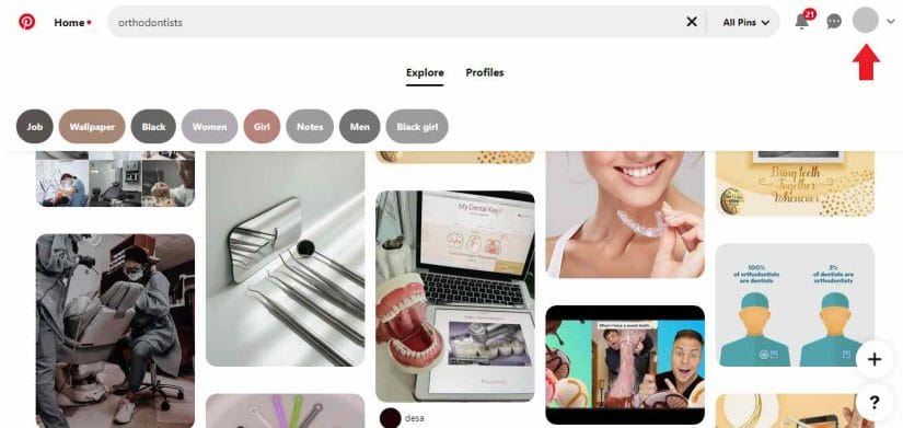 Arrow pointing at your orthodontist profile on Pinterest