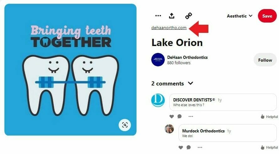 Arrow pointing at a dental website that's linked from a Pinterest photo 
