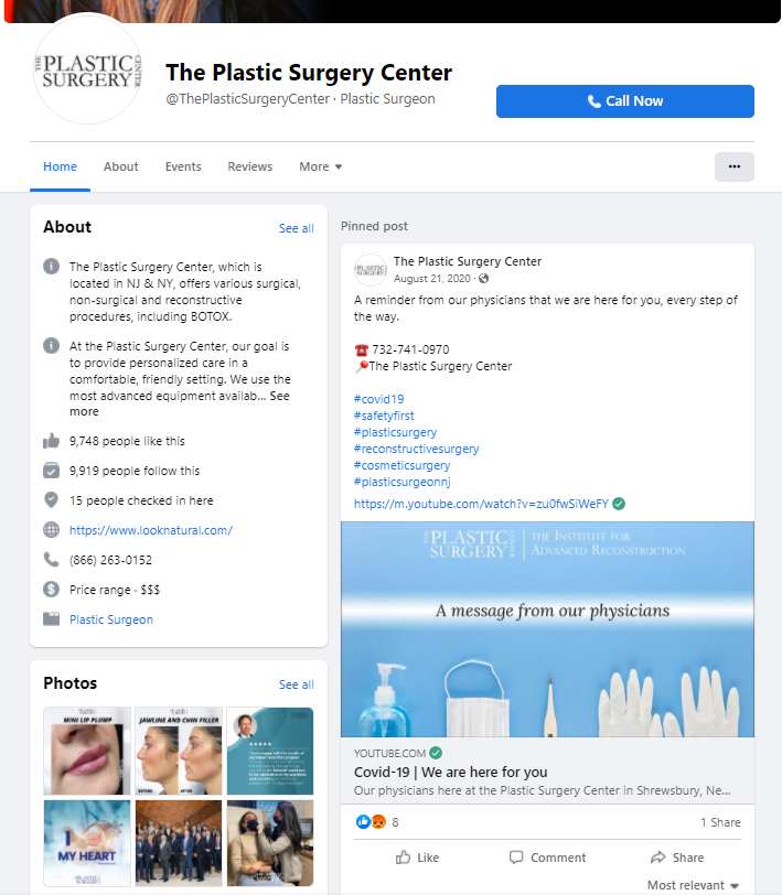 Facebook page of a plastic surgery center on Facebook