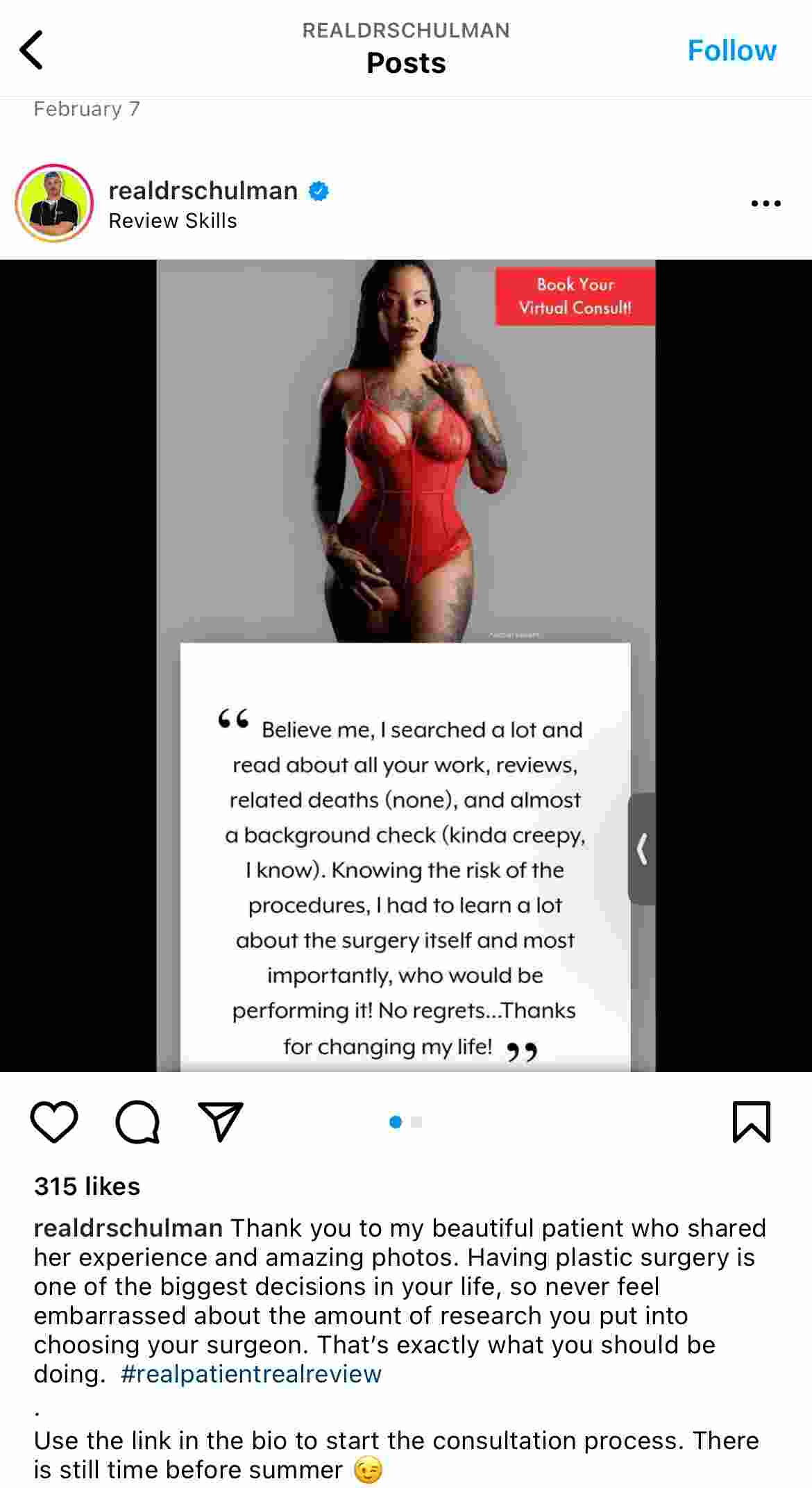 Plastic surgery social media ideas using patient testimonials on Instagram