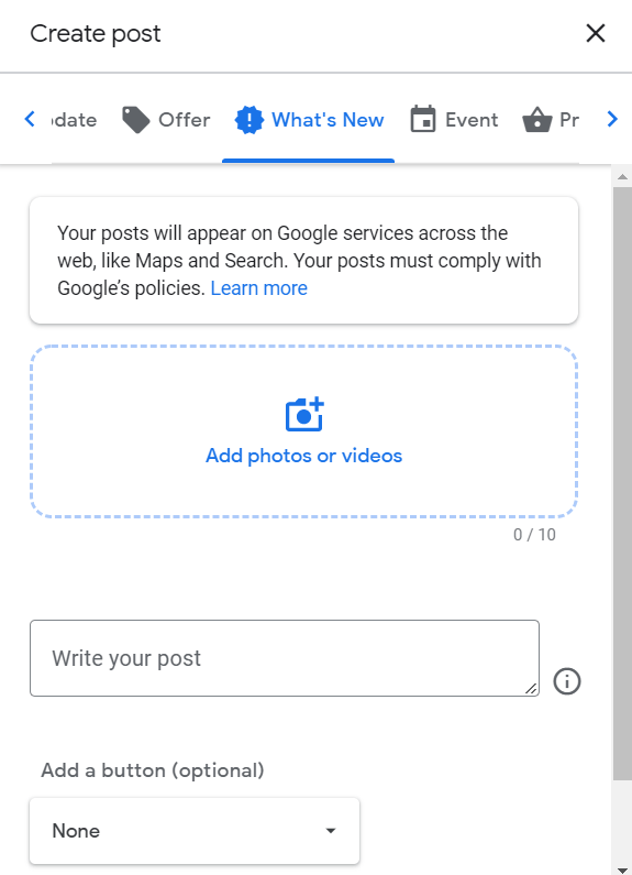 Write post on your business profile
