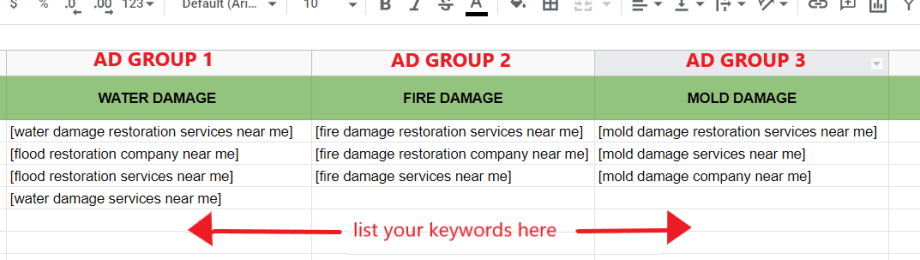 Create a spreadsheet when you plan your ad group