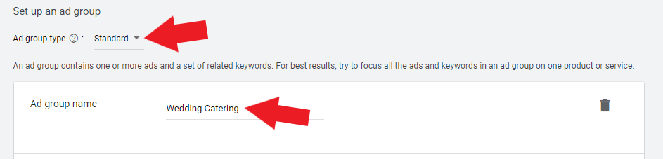 Ad group type and name