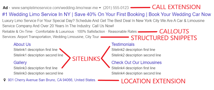 Sample Google Ads for limo services with extension