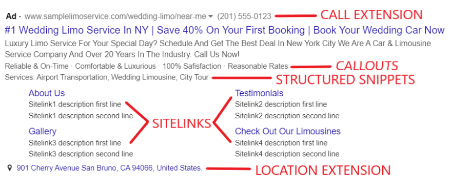 Sample Google Ads for limo services with extension