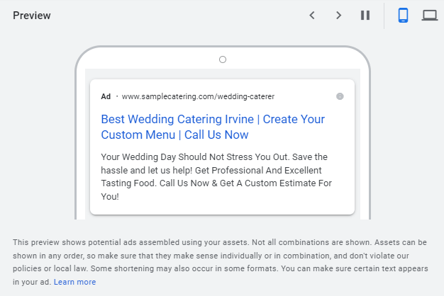Preview of ad for wedding catering services