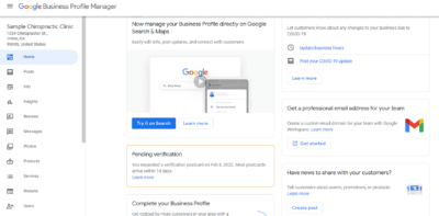 Business profile manager for sample chiropractic clinic