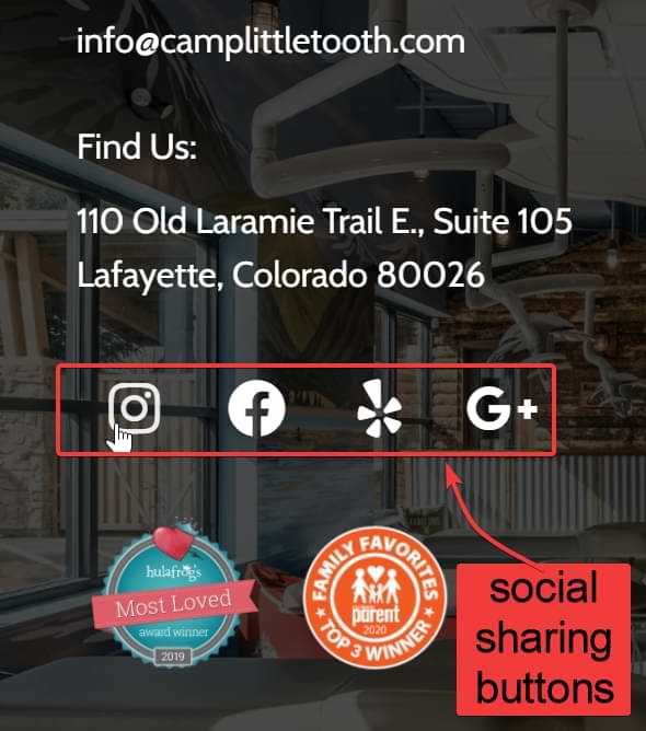 screenshot of social sharing buttons for pediatric dental website