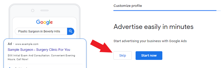 Google Ads option from Google My Business for plastic surgeons