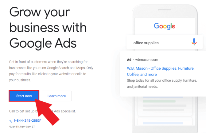 Click start now Google Ads