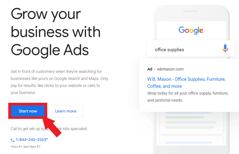 Click start now to create a Google Ads account