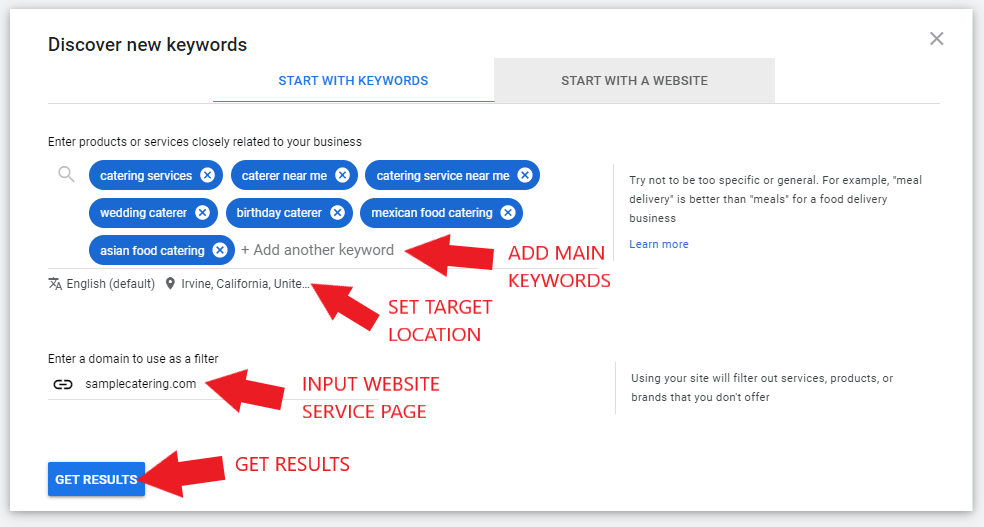 Input all necessary details for keyword planner