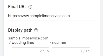 Sample URL and display path for Google Ads for limo services