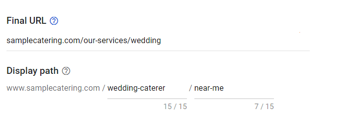 Input final URL and display path for catering services