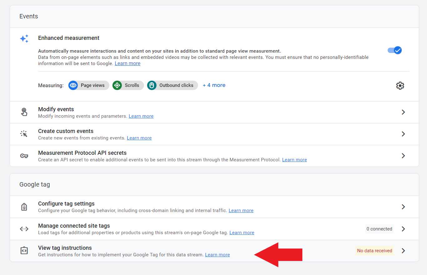 View tag instructions on Google Analytics 4 property