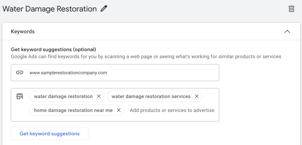 water damage restoration ad group for ppc campaign