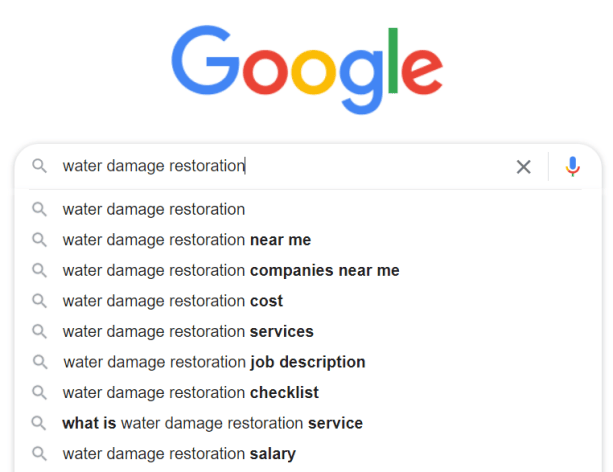 Google autocomplete suggestion for water restoration keyword